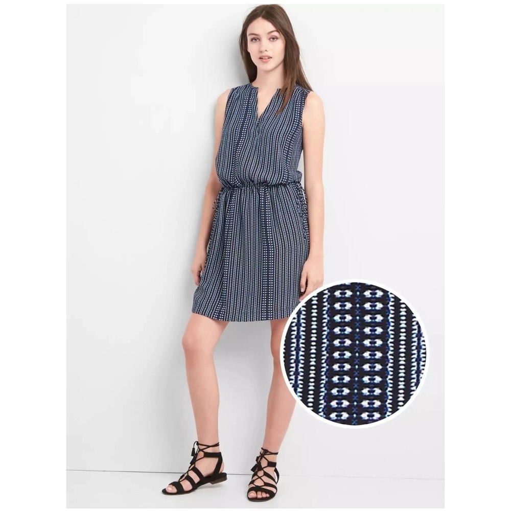 Gap Sleeveless Dress - Blue White‎ Print, Drawstring Waist, Casual, Size M